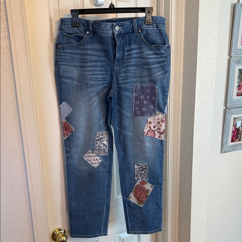 Blue Patchwork Floral Jeans